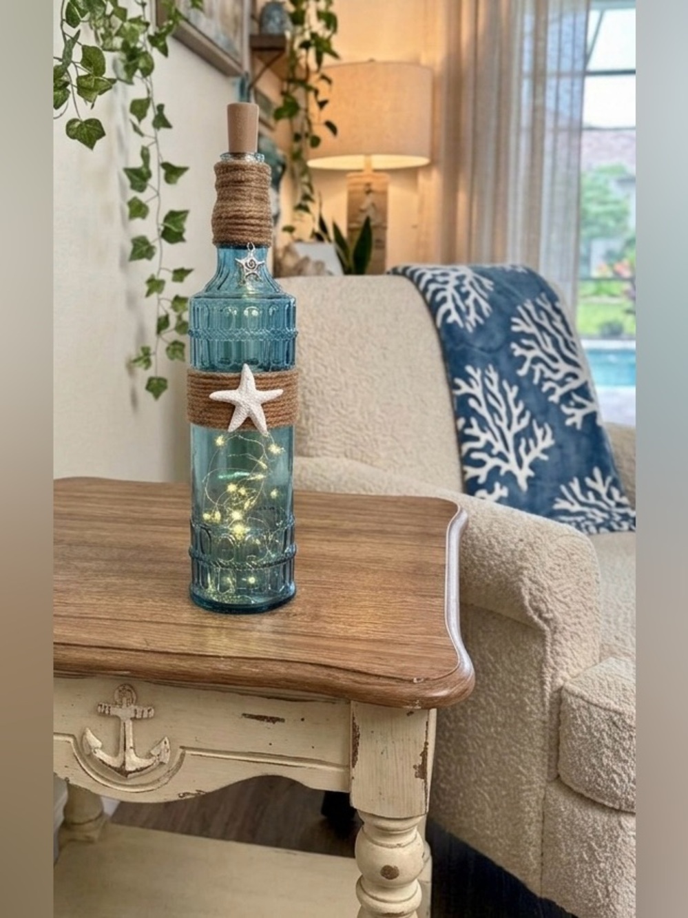 Blue Coastal Décor Bottle w/Fairy Lights – Handmade, Housewarming Gift